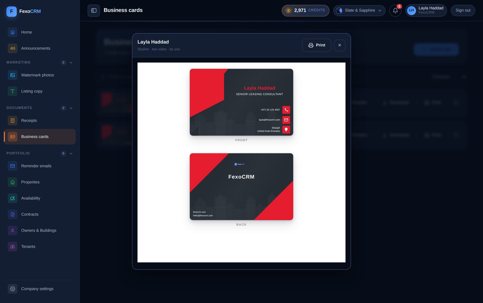 A finished business card previewed front and back, carrying the agent's name, title and contact details over the company logo.