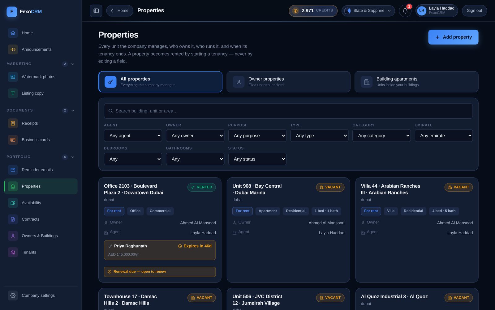 The Properties board: apartments, villas, townhouses, offices, warehouses and plots, each with its owner, agent and status.